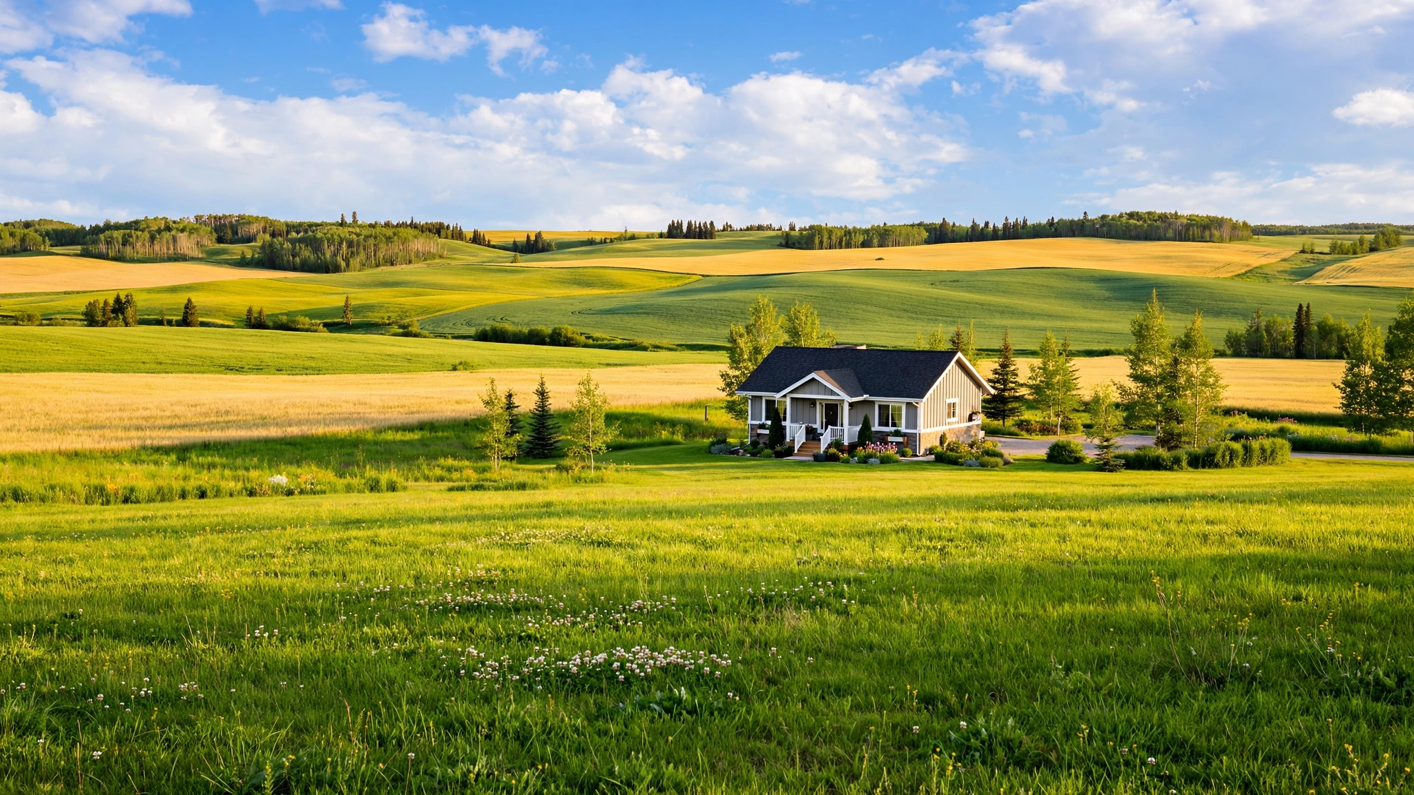 Lush green lawn over a healthy drain field on a rural Alberta acreage at golden hour.